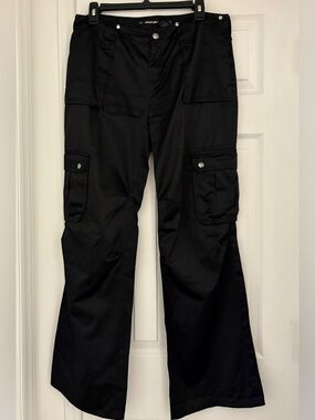 DKNY Black Satin-Look Cargo Pants with Logo Button, Size 8